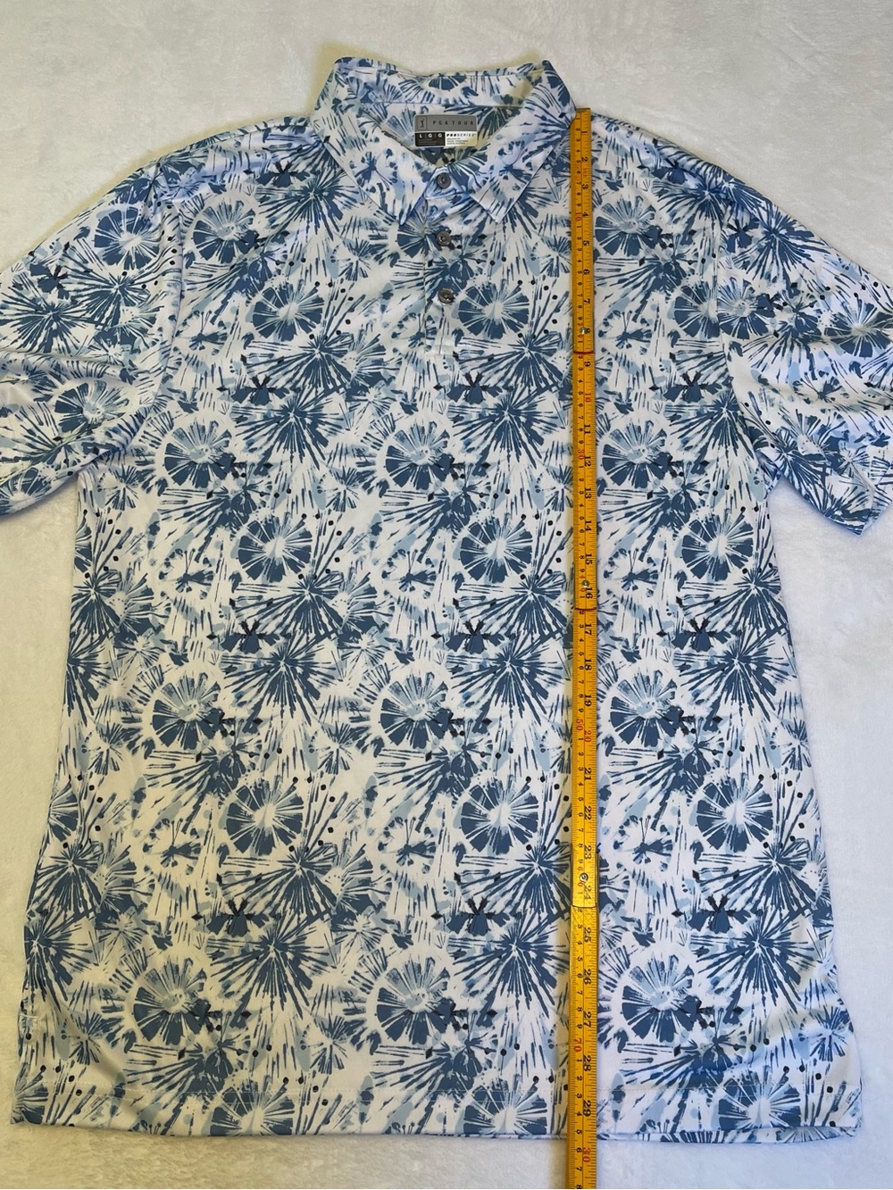 PGA Tour Men’s Large Blue and White Print Short Sleeve Polo Floral Firework - Picture 9 of 11